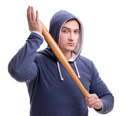 Young man hooligan with baseball bat isolated on white
