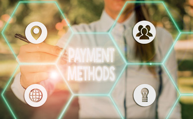 Text sign showing Payment Methods. Business photo showcasing trade of value from one party to...