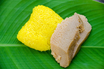 Sweet Sticky Rice with Thai Custard in green leaves background