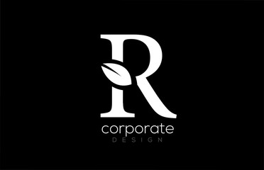 black and white R letter alphabet leaf logo icon design for company and business