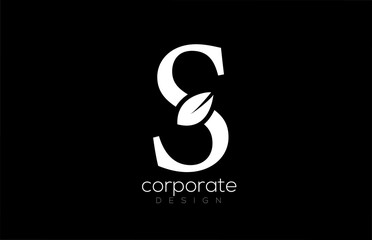 black and white S letter alphabet leaf logo icon design for company and business