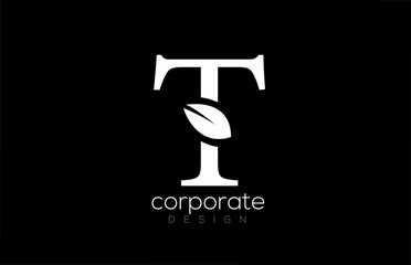 black and white T letter alphabet leaf logo icon design for company and business