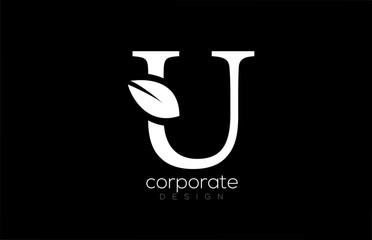 black and white U letter alphabet leaf logo icon design for company and business