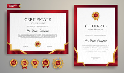 Red and gold certificate of achievement border template with luxury badge and modern line pattern. For award, business, and education needs