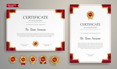 Red and gold certificate of achievement border template with luxury badge and modern line pattern. For award, business, and education needs