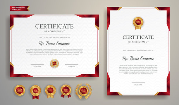 Red and gold certificate of achievement border template with luxury badge and modern line pattern. For award, business, and education needs