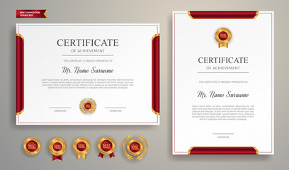 Red and gold certificate of achievement border template with luxury badge and modern line pattern. For award, business, and education needs