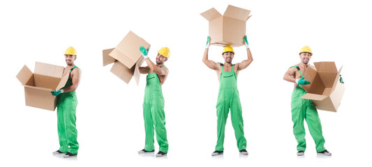 Man in coveralls with boxes