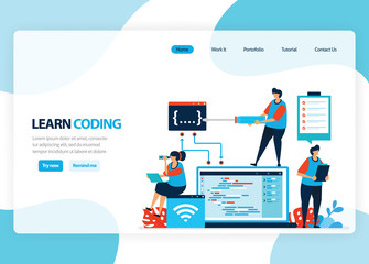 Vector homepage for learning programming and coding. Application development with a simple programming language. Flat illustration for landing page, template, ui ux, web, mobile app, banner, flyer