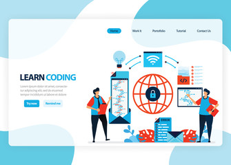 Fototapeta na wymiar Vector homepage for learning programming and coding. Application development with a simple programming language. Flat illustration for landing page, template, ui ux, web, mobile app, banner, flyer