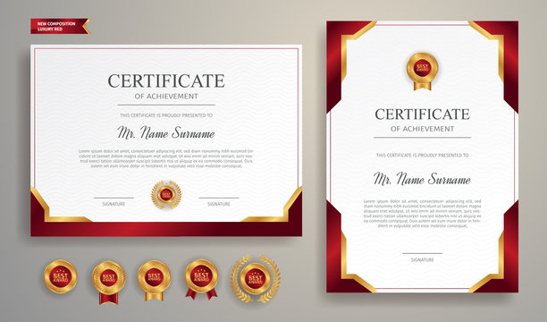 Red and gold certificate of achievement border template with luxury badge and modern line pattern. For award, business, and education needs