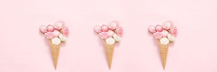 Floral composition. Mother day. Abstract rose ice cream pattern pink background.
