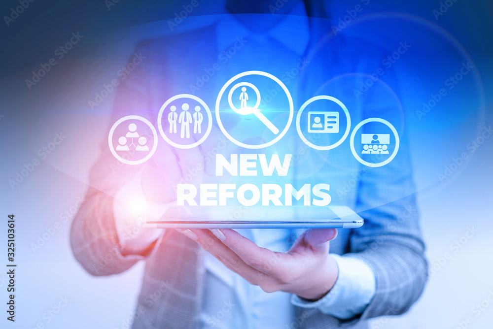 Poster word writing text new reforms. business photo showcasing to amend or improve by change of form or re