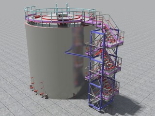 BIM project of an industrial oil storage tank for oil and gasoline. 3D rendering. Refinery. Model and drawings of the building made by engineers.