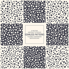 Abstract Stippled Scandinavian Style Seamless Patterns Vector Set. Dotted Repetitive Simple Retro Backgrounds For Textile, Clothes, Wrapping. Black And White Tileable Spotted Wallpapers Collection