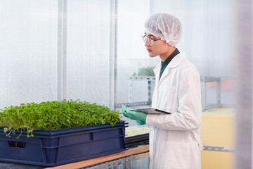 Asian young botanist in white coat using digital tablet in his work with young green plants in the...