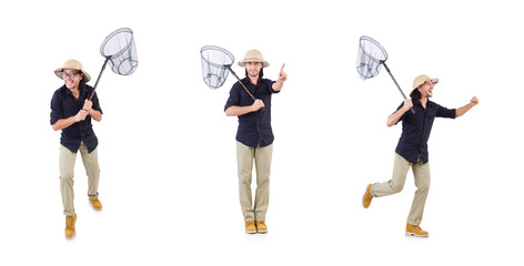 Funny guy with catching net on white