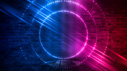Old brick wall with neon lights. Neon shapes on brick wall background. Dark empty room with brick walls.