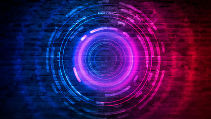 Old brick wall with neon lights. Neon shapes on brick wall background. Dark empty room with brick walls.