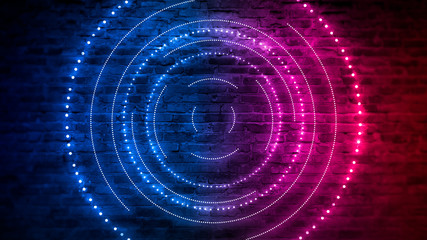 Old brick wall with neon lights. Neon shapes on brick wall background. Dark empty room with brick walls.