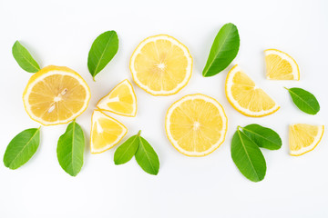 Group of slice lemon and leaf  on white background