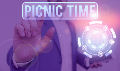 Conceptual hand writing showing Picnic Time. Concept meaning period where meal taken outdoors as...