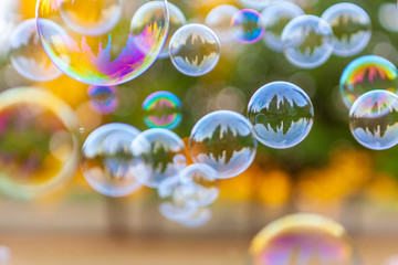 Un grande gruppo di bolle di sapone vola in aria, sfondo sfocato effetto bokeh