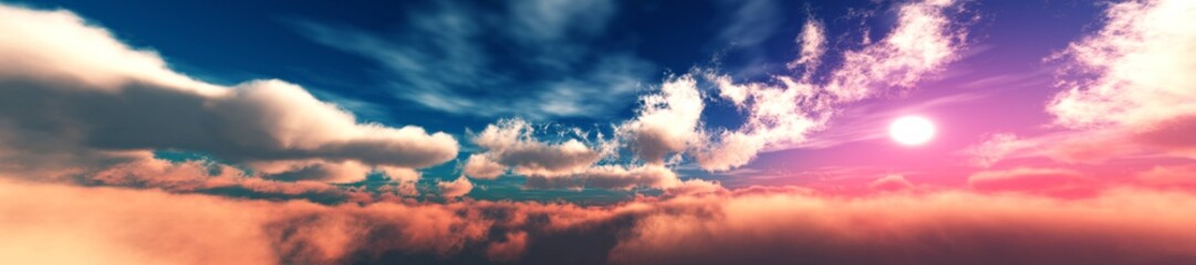 Naklejka na ściany i meble cloudy panorama, sunset among clouds to the sun, sunrise above clouds