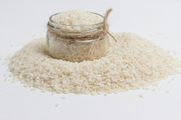 Rice in a glass jar, dietary product, source of nutrients