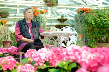 old elder woman resting in flower garden. elderly female relaxing in park. senior leisure lifestyle