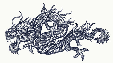 Сhinese dragon tattoo. Traditional asian style. China. Ancient mythology and culture