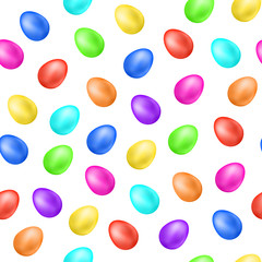 Colorful 3d easter eggs on white background. Seamless pattern. Vector illustration, all rainbow colors. Ideal for celebrating Easter designs, greeting cards, prints and more