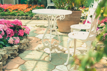 white metal chair in flower garden park