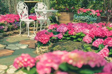 white metal chair in flower garden park