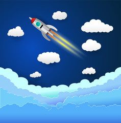 Naklejka na ściany i meble rocket in the sky ,paper art style , start up concept ,vector design