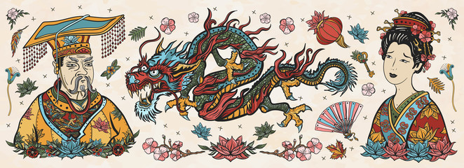 Antikes China. Tattoo-Vektorsammlung der alten Schule. Chinesischer Drache, Kaiser, Königin in traditioneller Tracht, Fächer, rote Laterne, Lotusblume. Geschichte und Kultur. Asiatische Kunst. Traditioneller Tätowierstil © intueri
