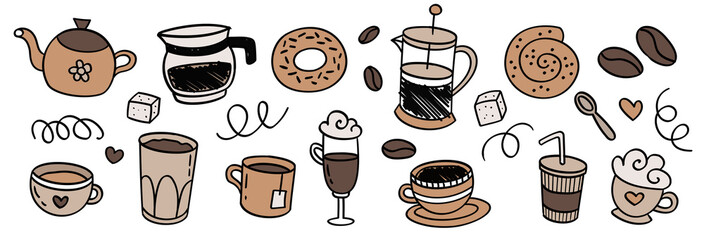 Coffee drink and desserts hand drawn collection. Set sketch graphic elements for menu design. Vintage vector illustration. Coffee cups, beans and coffee makers illustration.