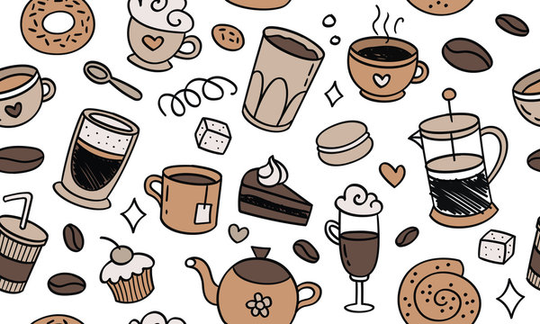 Beautiful pattern seamless of cofe. Natural coffee, desserts, pastries, cup, tea, hand drawn style retro. Vector decorative cute elegant illustration isolated white background