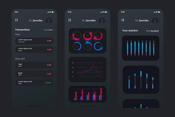 Mobile app design HUD interface elements template. Three variations of screen of this app. UI design concept dark theme phone application. Data analysis and statistic bars.