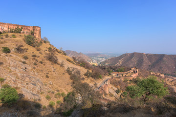 Fototapeta na wymiar Beautiful Jaigarh Fort stands on the edge of the Aravalli Hills at Jaipur in the Indian state of Rajasthan, India.