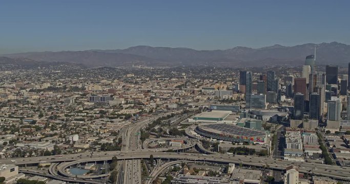 Los Angeles Aerial v177 Panoramic downtown and freeway cityscapes, panning west toward University Park views - October 2019