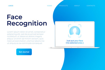 face recognition system illustration concept. white laptop with start lock screen with face identification icon. website landing page template. secure access to data