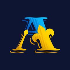 Letter A logo with gold french lily and hatching shadow.