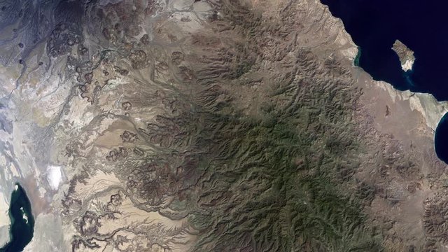 Sunrise animation on Baja California map aerial satellite view. Images furnished by Nasa