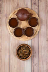 Flat lay chinese red tea with tea set