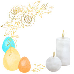 Easter composition with two watercolor burning candles and three painted eggs and floral ornament. Arrangement for cards, invitations, congratulations on white background