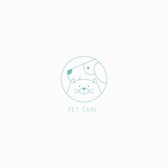 Cute Dog and Cat. Pet Care Logo, Emblem. Animal Care. Minimalistic Outline round Icon. Cartoon style, thin line stroke design. Trendy Vector illustration. Icon is isolated on a white background