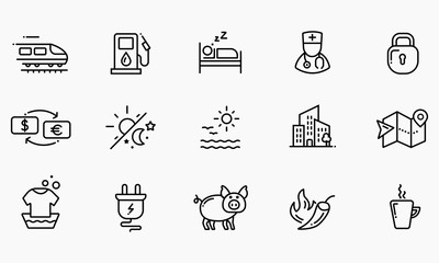 travel, set, vacation, hotel, building, sign, icon, symbol, reservoir, illustration, luxury, accommodation, beach, urban, blueprint, room, label, skyscraper, five stars, estate, recreation, center, ca