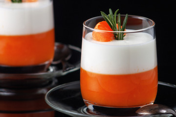 Panna Cotta with tangerines, jelly and rosemary, Italian dessert, home cooking. Copy space