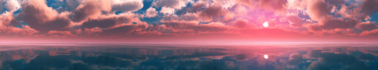 Panorama of clouds over the sea, sea sunset, ocean sunrise, 3D rendering